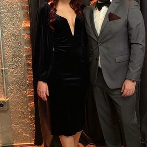 Velvet midi dress with plunging neckline